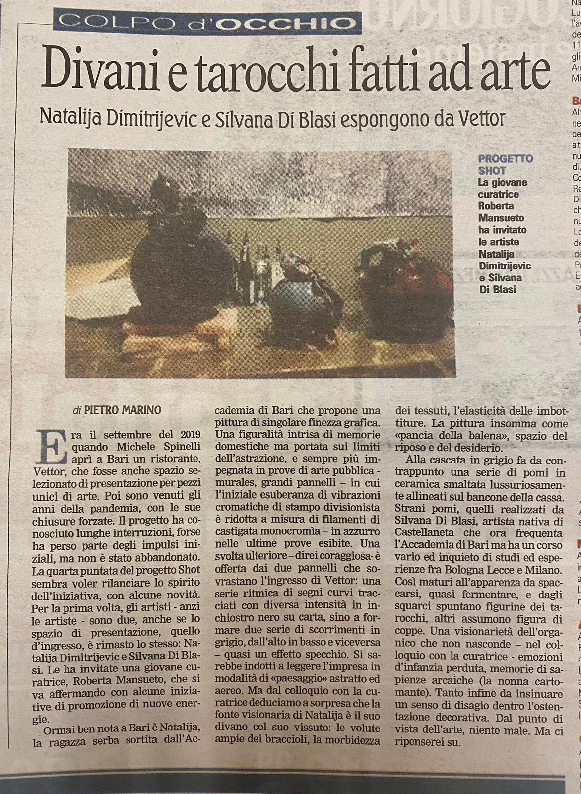Pagina di un giornale a Bari che parla dell'atmosfera e ambiente al Vettor Ristorante Bari