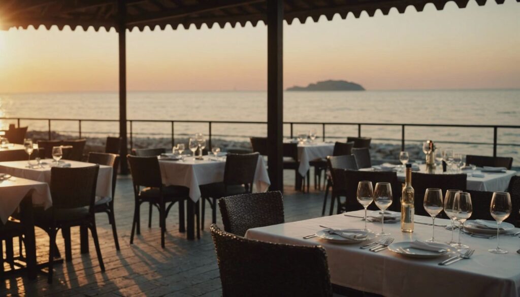 Seaside restaurant in Bari at sunset, tables set for dinner, with a stunning sea view.